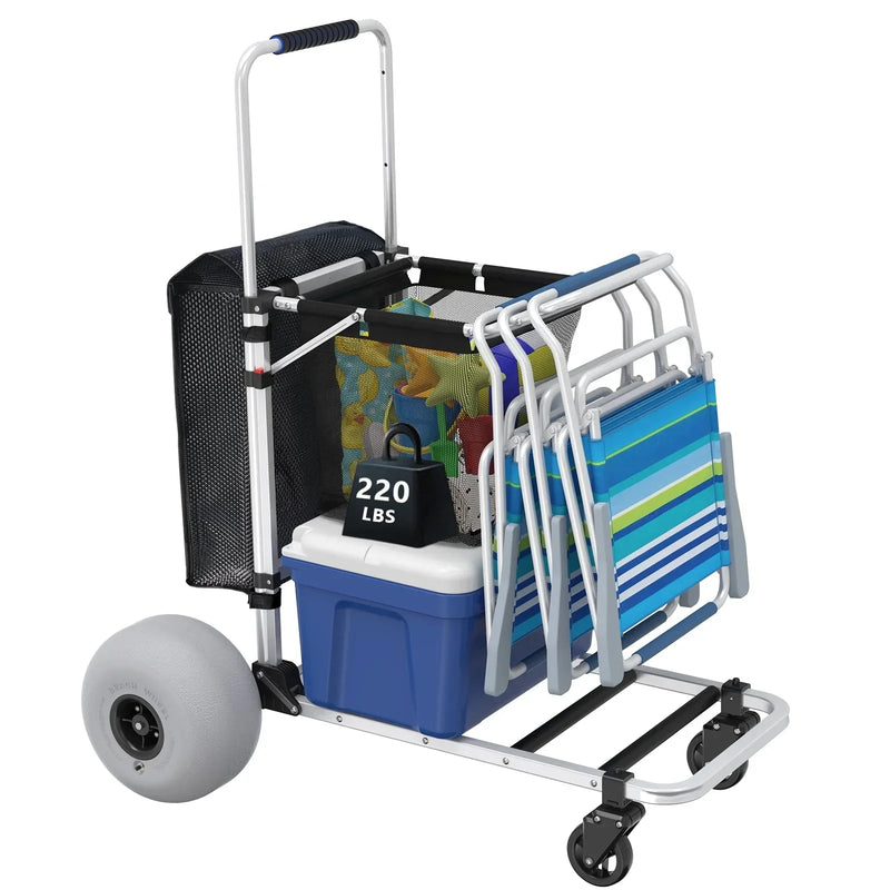 Foldable Beach Cart with Adjustable Handle and 12" Balloon Wheels, Heavy Duty Aluminum 220LBS Capacity Z7