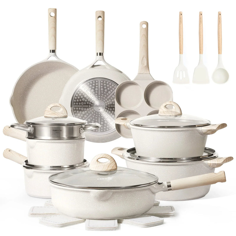 Carote Non Stick Pots and Pans Set, 21 Pcs Induction Kitchen Cookware Sets (Beige Granite) N6