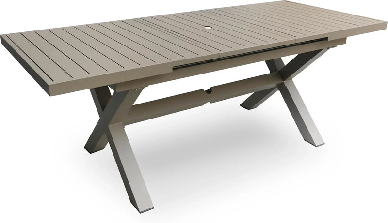 Extendable Patio Dining Table for 6-8, 63''-83'' Outdoor Aluminum Table w/Umbrella Hole, Rectangle Slatted Tabletop, Metal X-Trestle for Meals Garden Deck Backyard Gathering Party - Light Brown C3