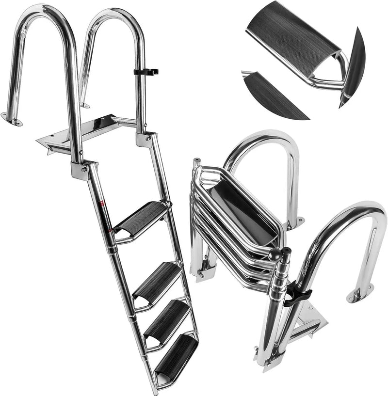4 Steps Telescoping Boat Ladder Reinforce Dock Ladder Heavy Duty Swim Deck Ladder with Hand Railings and Extra Wide Steps W6
