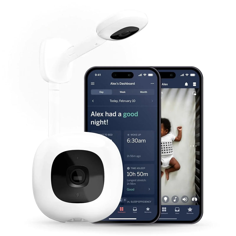 Smart baby monitor and wall-mounted device - 1080p security Wi-Fi video camera, sensor-free sleep and breathing motion tracker, two-way audio, sound and motion alerts, night vision function, breathing band - white D4