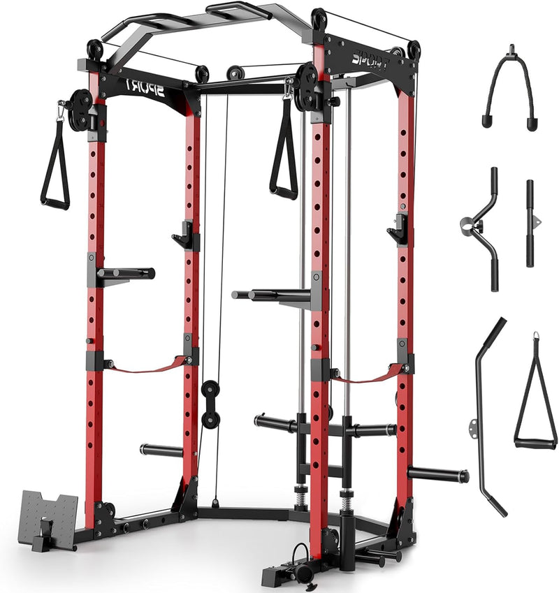 Power Cage,2000LBS Adjustable Multi-Functional Power Racks, Dual Pulley Cable System, Squat Rack for Strength Fitness, with More Training Attachment for Home Gym A0