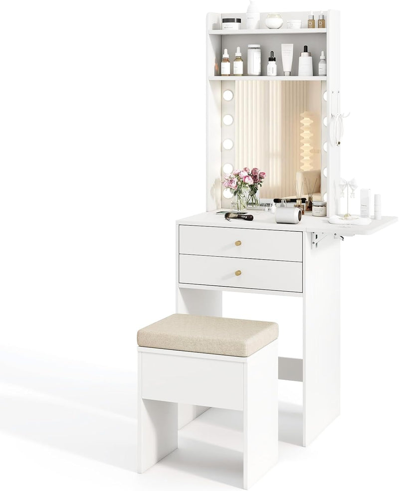 Small Vanity Desk with Mirror and Lights, Makeup Vanity Table with Charging Station, Drawers, Shelves, Foldable Side Table, Compact Dressing Table with Storage Chair for Small Space (White) R2