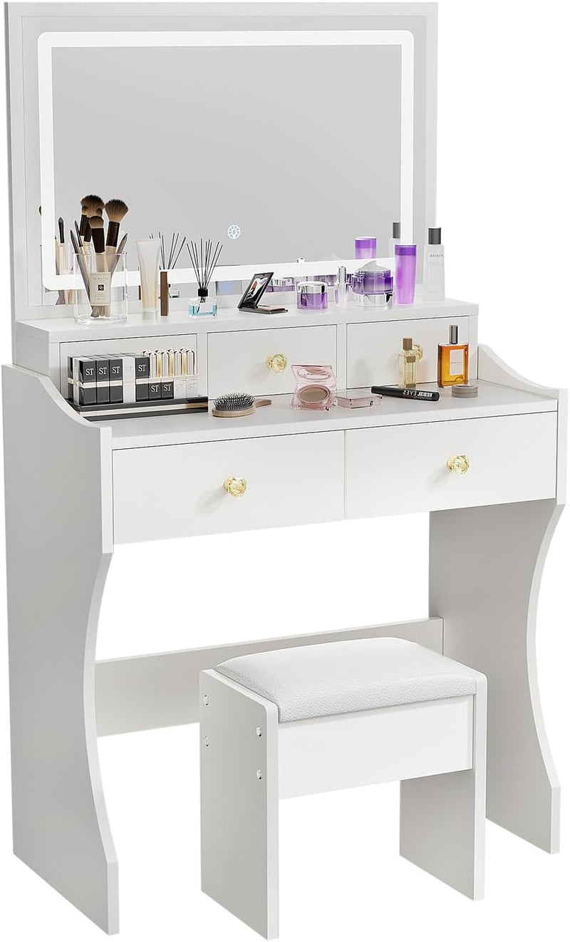 Makeup Table with Extra Large Mirror and Lights, 80cm Dressing Table with Stool S6