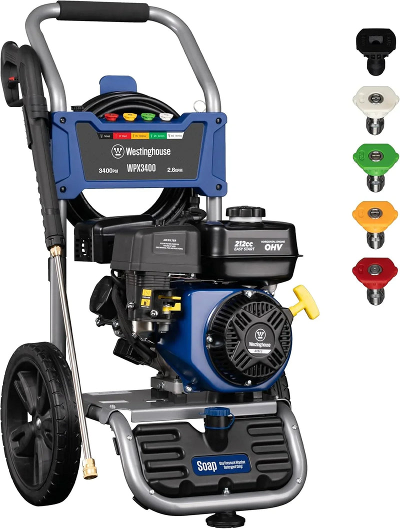 WPX3400 Gas Pressure Washer, 3400 PSI and 2.6 Max GPM, Onboard Soap Tank, Spray Gun and Wand, 5 Nozzle Set, for Cars/Fences/Driveways/Homes/Patios/Furniture O4
