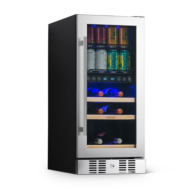 Newair 15 Dual Zone Beverage Cooler with Removable Beech Wood Shelves, Stainless Steel I0
