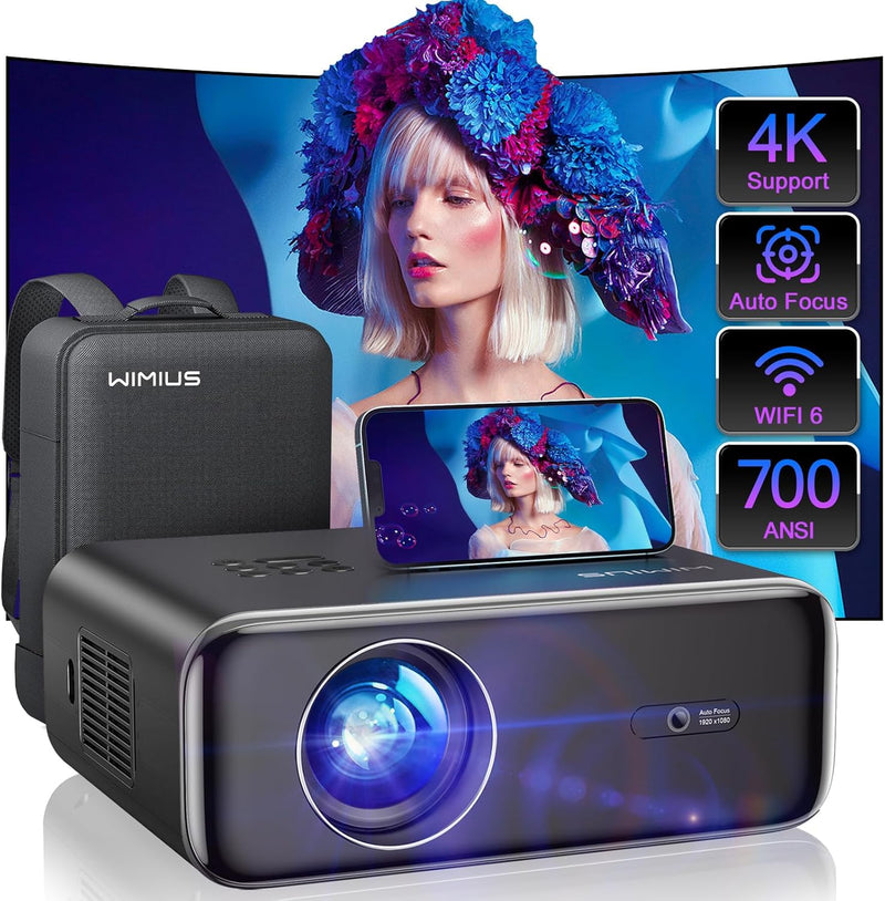 [Auto Focus/4K Support] Projector with WiFi 6 and Bluetooth 5.2, 700ANSI Native 1080P Outdoor Movie Projector, WiMiUS P62 Auto 6D Keystone & 50% Zoom, Smart Home Projector for iOS/Android/TV Stick Y2