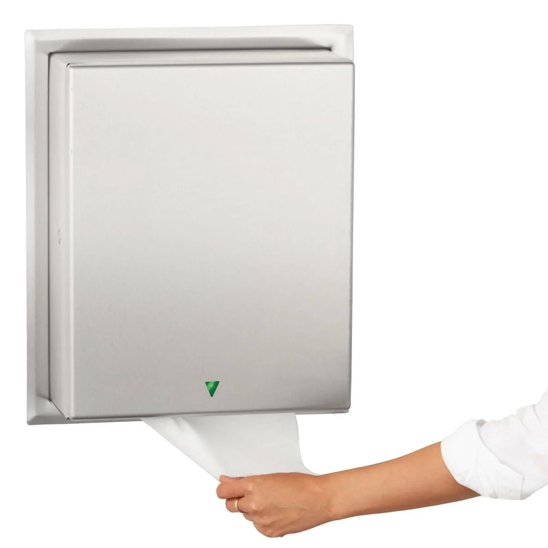 Automatic roll towel dispenser, semi-integrated design, matte stainless steel material, adjustable sensor, LED light guide, no contact operation, AC adapter/battery power supply, universal roll towel compatibility W3