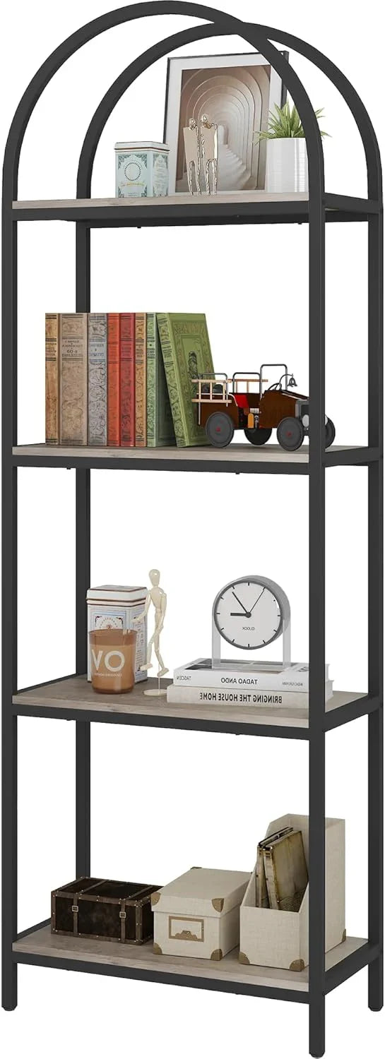 Yusong Bookshelf Rattan Arched Bookcase, 74" Tall Industrial Open Book Shelves for Living Room, Modern Freestanding Boho 5 Tier Display Storage Rack with Metal Frame, Office, Bedroom, Burlywood L7