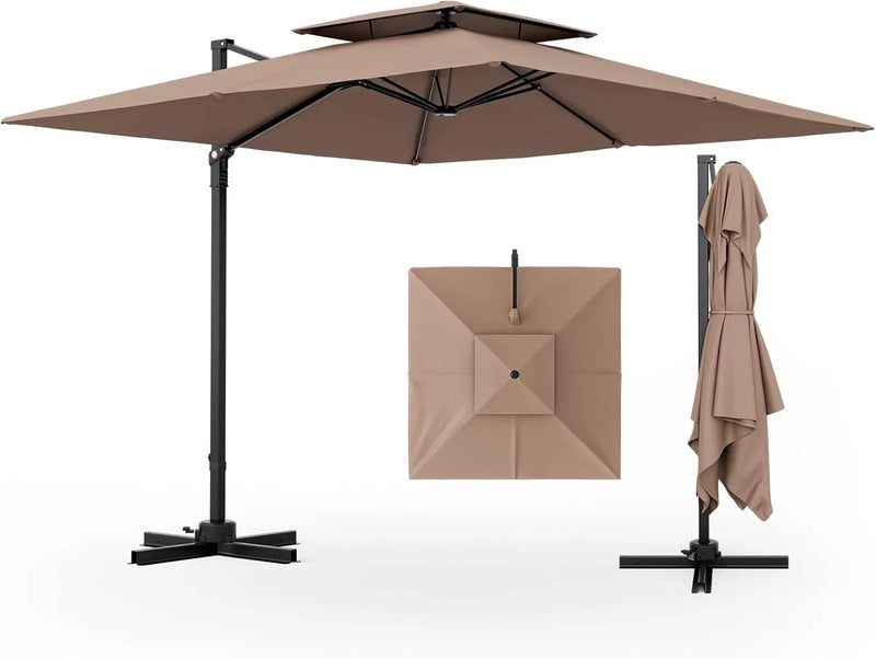 9.5-foot cantilevered patio umbrella, outdoor square offset umbrella, 360° rotatable, double-structured heavy-duty patio hanging umbrella, with cross base, suitable for gardens, patios, swimming pools and backyards. W8