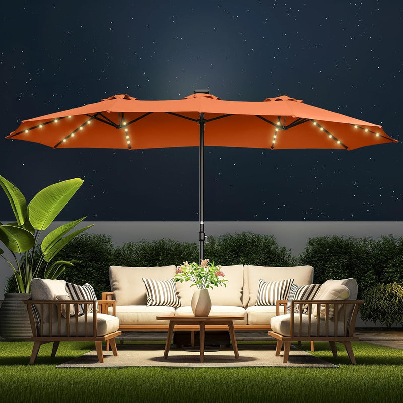 Double Sided Patio Umbrellas - 15ft Solar Lights LED Lighted Outdoor Extra Large Market Table Umbrella with Base Included, Oversized Umbrella for Deck, Pool, Backyard (Beige) S1