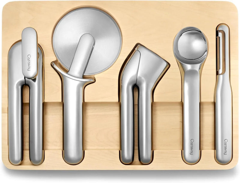 Kitchen Tool Set - Five-piece essential kitchen items - Made of stainless steel - Includes can opener, pizza cutter, garlic press, ice cream scoop, vegetable peeler and storage organizer box H6