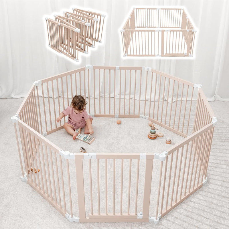Baby Playpen & Gate - 144 x 144 x 63 cm, Extends Up to 579 cm - Pine Wood Foldable Playpen with Child-Proof Lock - Safe Play Fence Easy Assembly Baby Play Yard - Light Wood White R5
