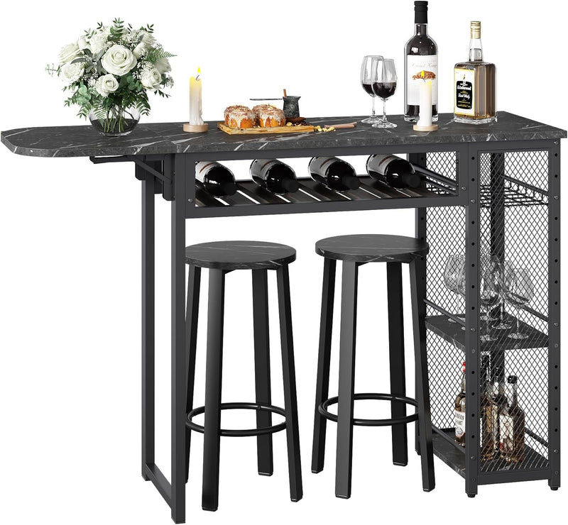 Bar Table and Chair Set, Industrial Expandable Dining Table with 2 Bar Stools, Kitchen Counter with Wine Rack & 3 Tier Adjustable Storage Shelves Rustic Brown Y8