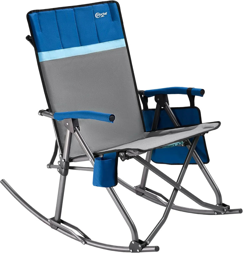 Large-sized foldable rocking chair-style camping chair. Portable outdoor rocking chair, equipped with a high back and sturdy armrests. The carrying bag can bear a weight of 300 pounds. The back of the seat has padding. The color is blue. B6