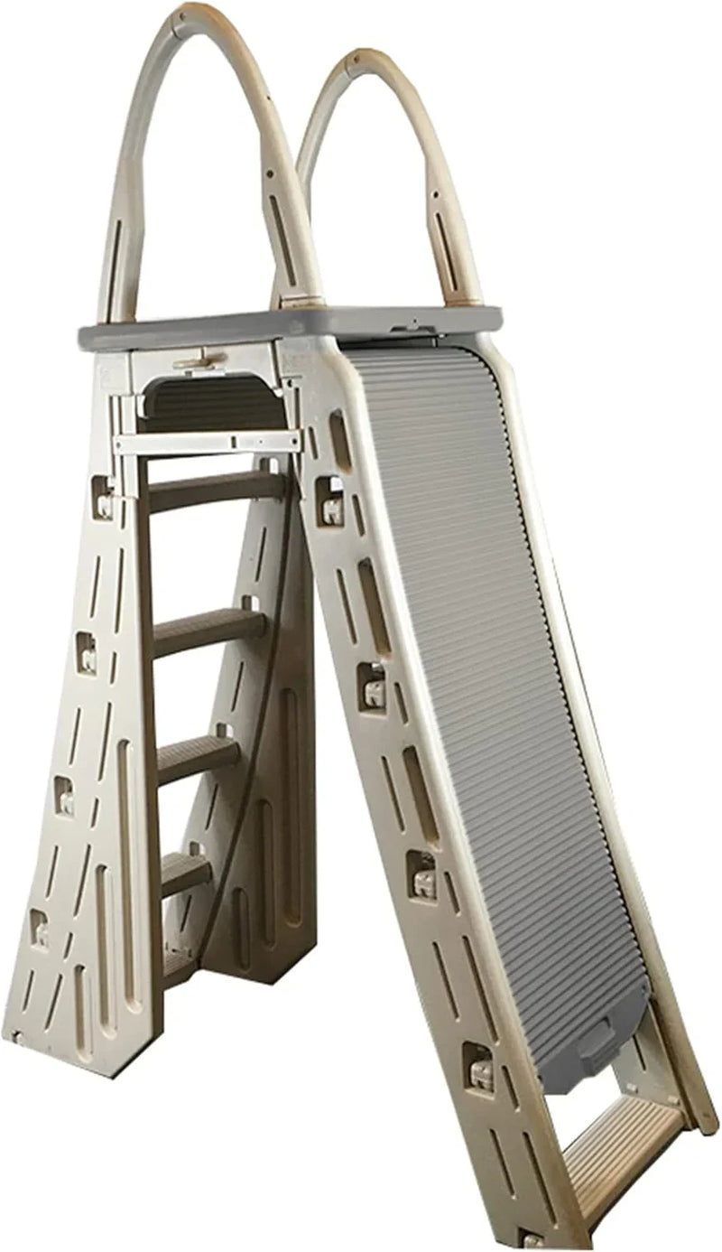 Confer Plastics 7200 Roll Guard 48" to 56" Adjustable A Frame Safety Ladder for Above Ground Outdoor Patio Swimming Pool Platform Ladder with Step Barrier, Warm Grey… X8