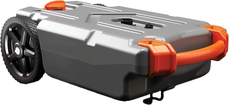 28-gallon portable camping vehicle/rv travel tank | Equipped with 2 controllable non-flat-front wheels and built-in valve | Includes detachable 24-inch tow bar, 3-foot sewage hose and other RV accessories R6