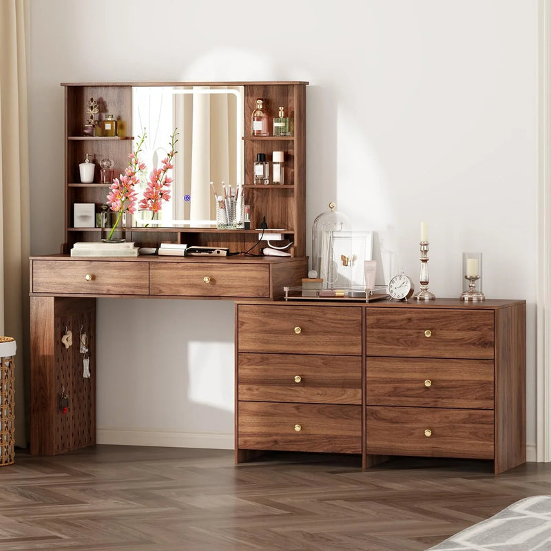 Makeup Vanity Desk with Mirror and Lights, Vanity Desk with 8 Drawers & Storage Shelves, Vanity Table with Power Outlet, 3 Color Modes & Adjustable Brightness Dressing Table, Bedroom,White2 L6