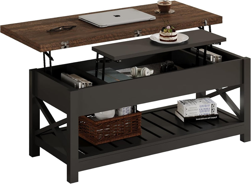 Multi-Function Convertible Coffee Table with Storage and Hidden Compartment, Converts to Dining Table, 40 White & Brown S5