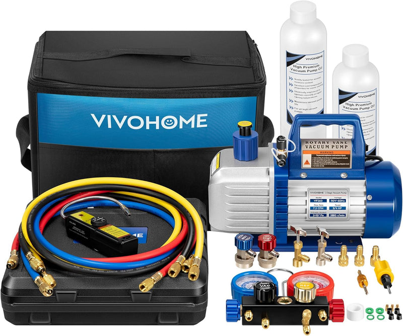 110V 1/4 HP 3.5CFM Single Stage Rotary Vane Air Vacuum Pump and AC Manifold Gauge Set Kit with Thermometer for R134a R12 R22 R502 R410a HVAC Air Conditioning Refrigeration Recharging Red Z7
