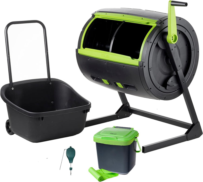 Two 65-gallon two-stage composting drums, equipped with large double doors and an open frame, are also provided along with a maze-style compost cart, a 1.85-gallon kitchen trolley-style compost bin, three rolls of corn bags, and a retractable plant t U0