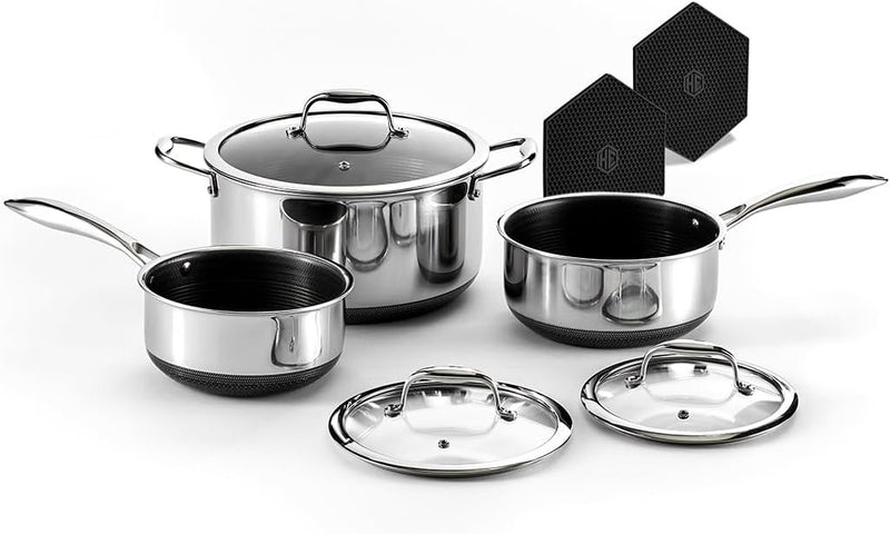 Hybrid Nonstick 6-Piece Pot Set with 2 Silicone Trivets, 2, 3, and 8-Quart Pots with Tempered Glass Lids, Stay-Cool Handles, Dishwasher-Friendly, Induction-Ready, Compatible with All Cooktops F9