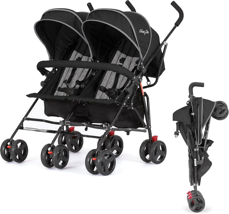 Twin Umbrella Stroller in Black, Lightweight Double Stroller for Infant & Toddler, Compact Easy Fold, Large Storage Basket, Large and Adjustable Canopy T7
