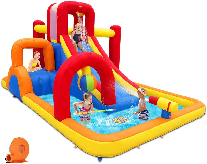 Inflatable Water Slide, 10 in 1 Water Park Bounce House with Blower, Splash Pool, 2 Slides, Water Cannon, Climbing Wall, Blow up Water Slides for Kids Outdoor Backyard U2