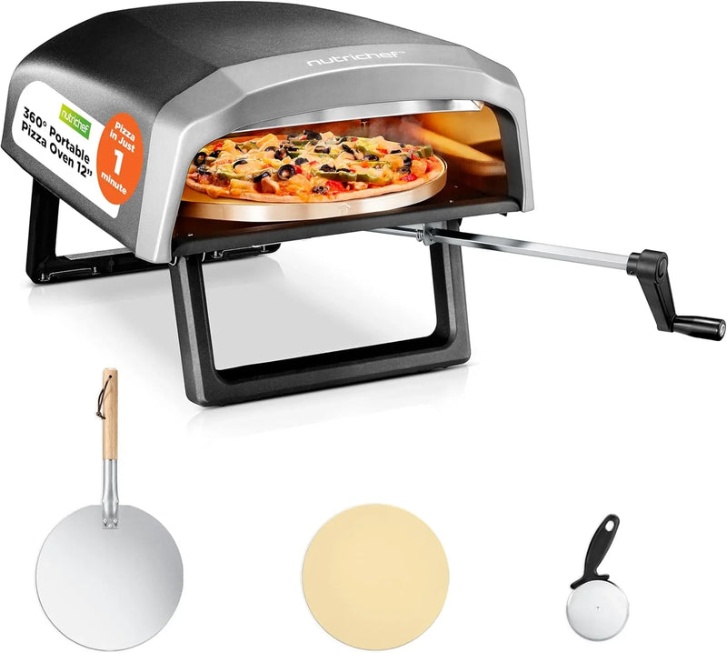Outdoor pizza oven, equipped with 360-degree rotating pizza stone | Adjustable temperature control | Includes pizza shovel, pizza knife, stone, lid and hose | Can bake a 12-inch pizza in 60 seconds | 32.9 x 16.1 x 12.4 inches M8