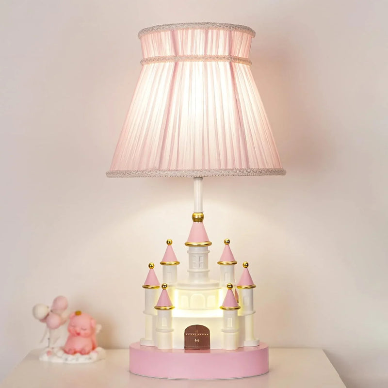 Cartoon children's table. Light pink bedside table. Princess-style cute castle-shaped resin material lamp for girls' bedroom and living room, with fabric shade cover. X9