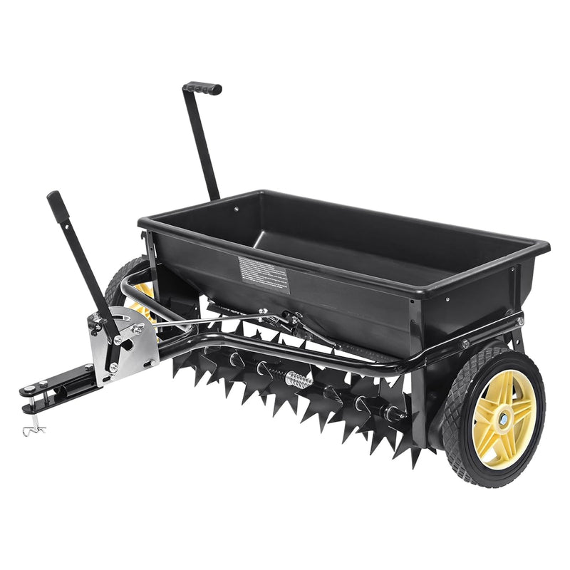 Broadcast seeder, 100-pound tractor-mounted rear polyethylene seeder with 10-inch wheels, equipped with a steel spike weeder, fertilizer spreader, garden seeder and salt spreader, suitable for residences, farms, rough terrain, and black pavement. M4