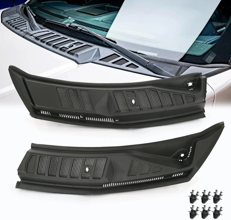 The front windshield wiper cover panel grille is compatible with the 2009 - 2014 models of Ford F150. It features two front insert panels on both the left and right sides. M9