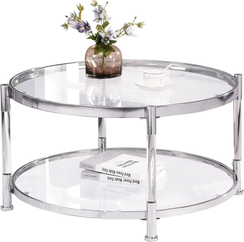 A round coffee table with a metal frame, the surface is made of chrome-plated acrylic glass. I4