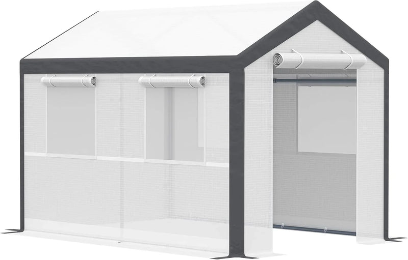 A 20-foot x 10-foot x 9-foot walk-in green house with an outdoor garden greenhouse, equipped with 6 roll-up windows, 2 zipper doors and a rain cover, in white color. C0