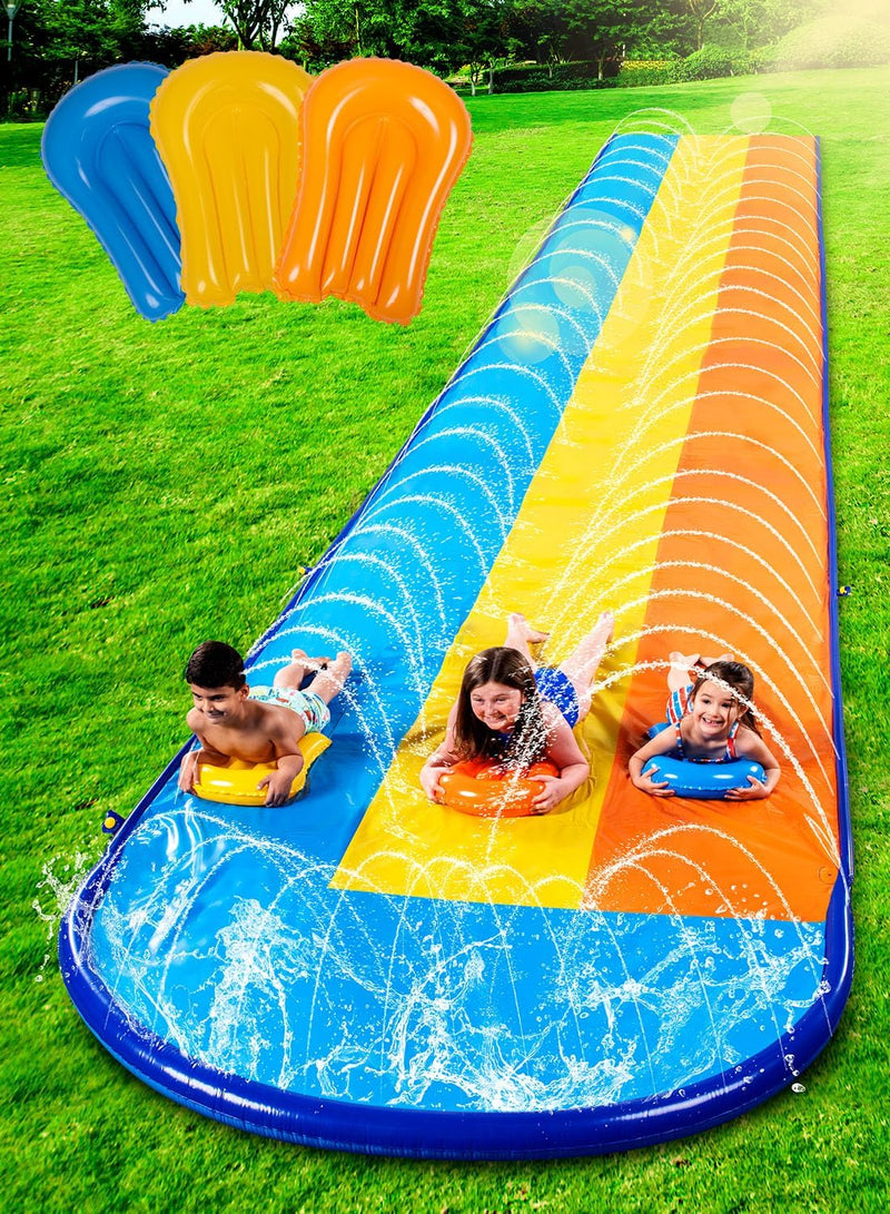 Sloosh Triple Water Slide with 3 BodyBoards, 22.5FT Lawn Water Splash Slip and Slide Summer Toy Splash Pad with Build in Advanced Sprinkler for Kids Adults Backyard Summer Water Fun X1