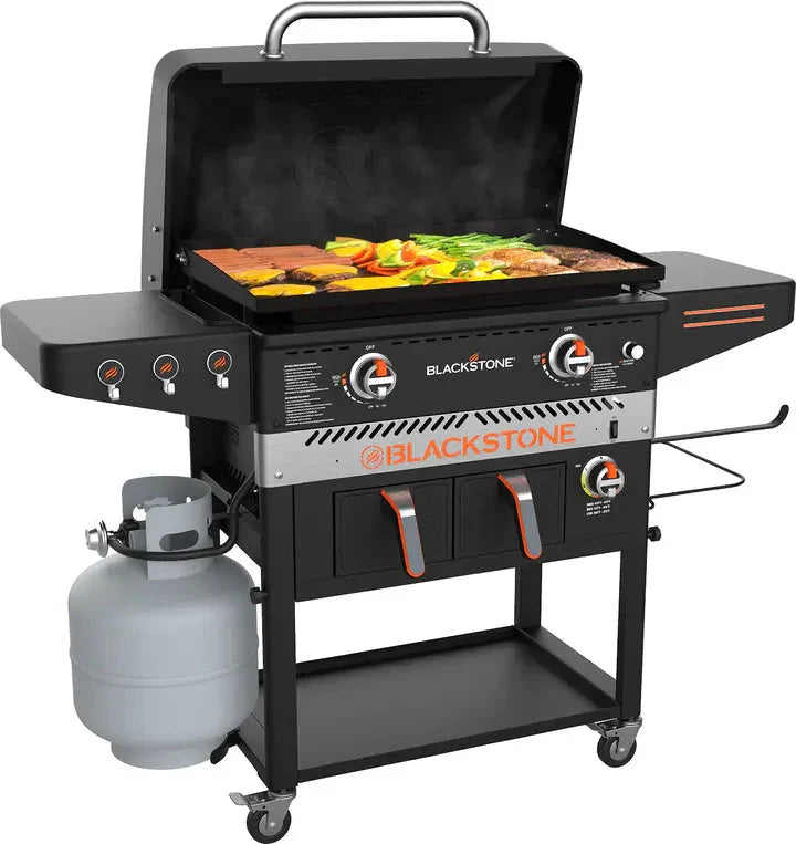 Blackstone 1962 Air Fryer Combo & Two Burners Stainless Steel Gas Hood, Wheels, Two Side Shelf – Heavy Duty Outdoor Griddle Station for Backyard, Patio, 28 inch Black R5