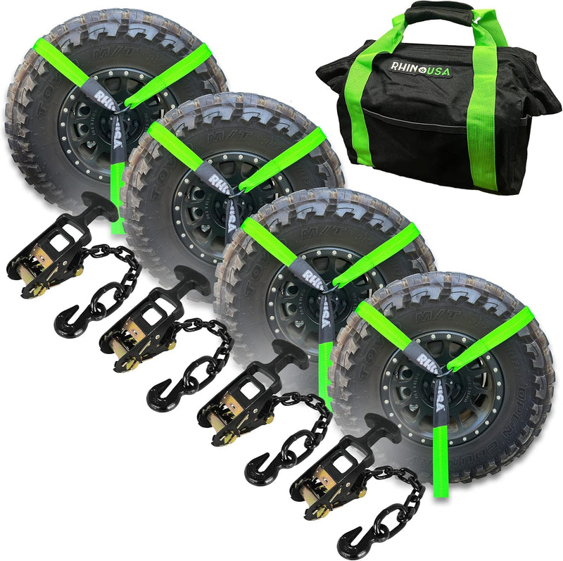 Car Tie Down Straps for Trailers with Flat Hooks (4-Pack) - 2 Inch x 8 Feet (10,000lb Break Strength) - Heavy Duty T-Handle Car Lasso Tire Straps for Trailer & UTV - Black S7
