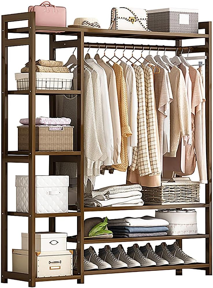 Floor-Standing Solid Wood Rotating Coat Rack，Portable Bamboo Clothes Rack - Versatile Closet Organizer with Storage Shelves and Compartments for Bedroom, Entryway, or Living Room - Stylish a U2