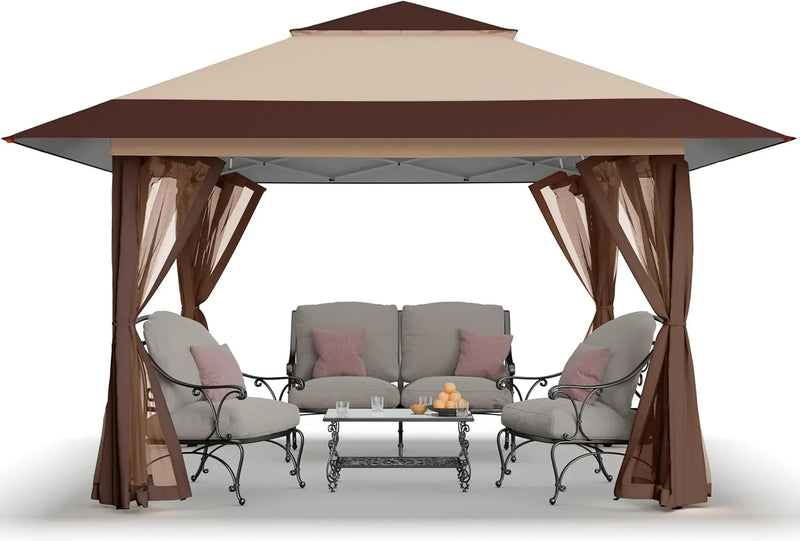 CROWN SHADES 13x13 Pop Up Gazebo, Canopy Tent, Gazebos on Clearance - Outdoor Gazebo for Backyard & Patio Furniture - Carpa Pop Up Tent with Wheeled STO-N-Go Cover Bag (Beige & Coffee) I7