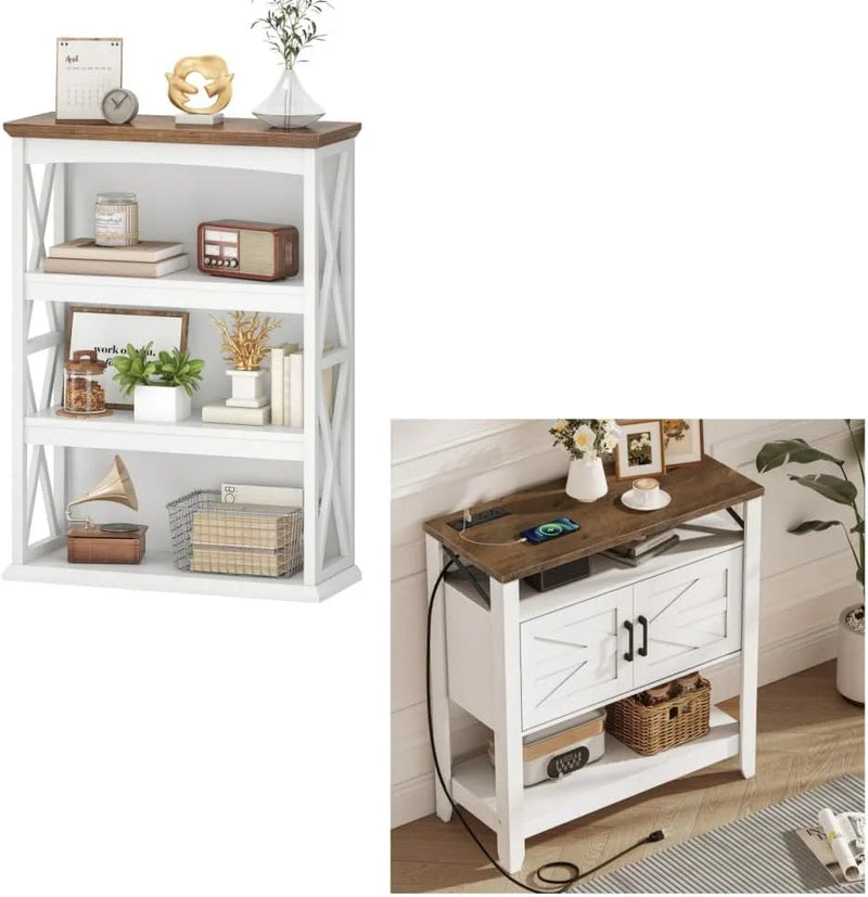 Farmhouse Sofa Table with Power Outlet-4-Tier Bookcase, 42.9" Floor Standing Organizer Shelf M5