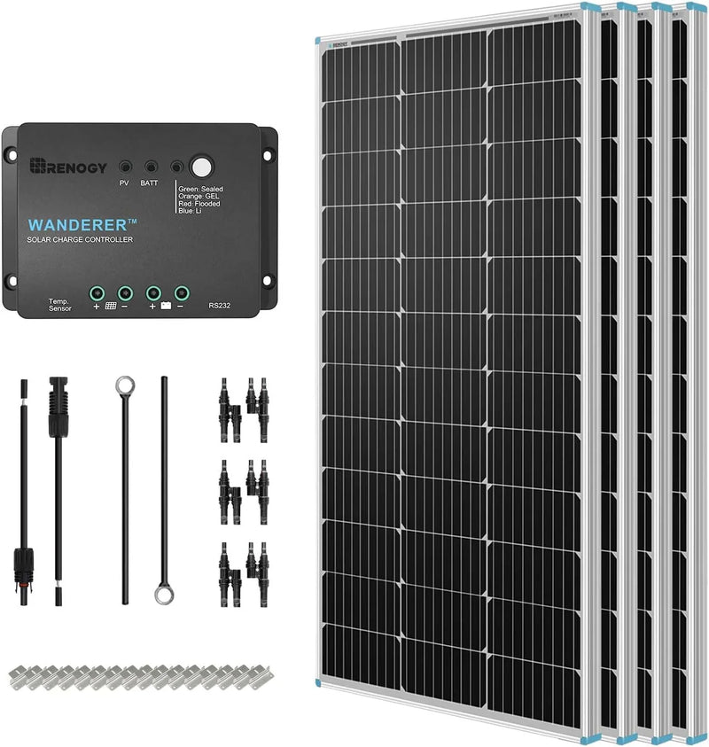 400 Watt 12 Volt Premium 4 Pcs 100W Panel 40A MPPT Charge Controller Bluetooth Module Fuse Mounting Z Brackets Adaptor Kit Tray Cables Set, 400W, Grid 12V Solar Power System S8