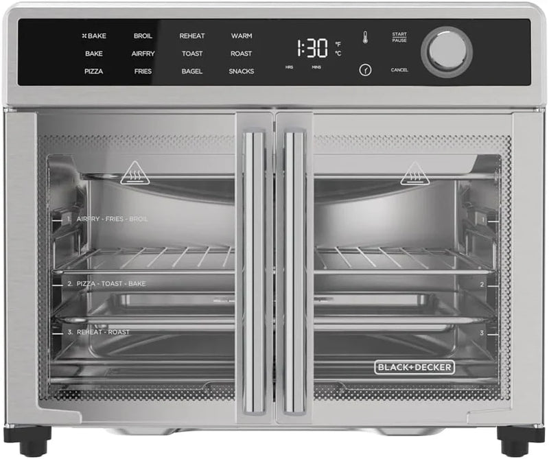 Fryer Toaster Oven Combo, 12 in 1 Countertop Convection Oven Cooks Food Fast, Fits a Whole Pizza or 6 Toast Slices, French Doors with Stainless Steel Finish H1
