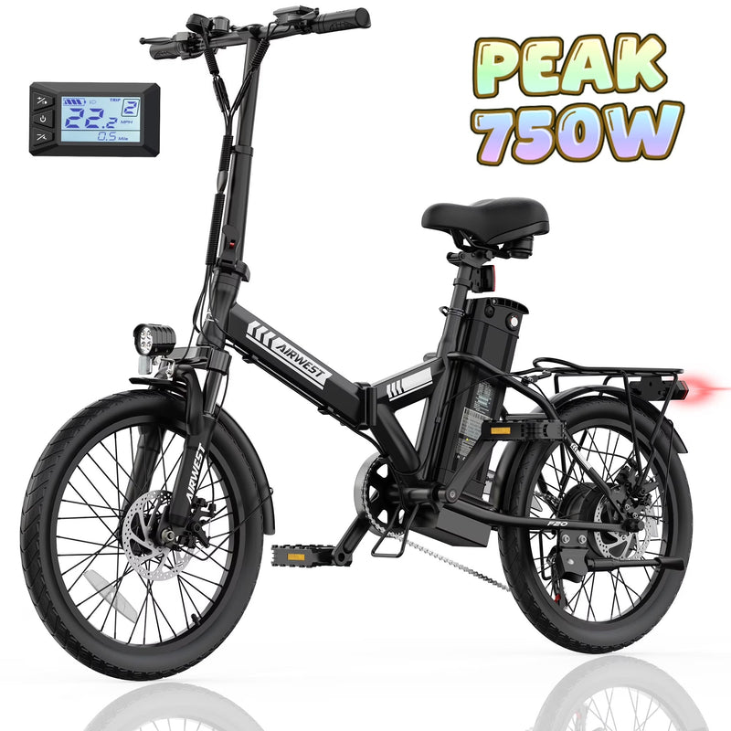 AIRWEST 20 in Foldable Electric Bike for Adults, Compact Commuter eBike with 500W Motor 750W Peak, Removable 48V 7.8Ah Battery, 50 Miles PAS... E0