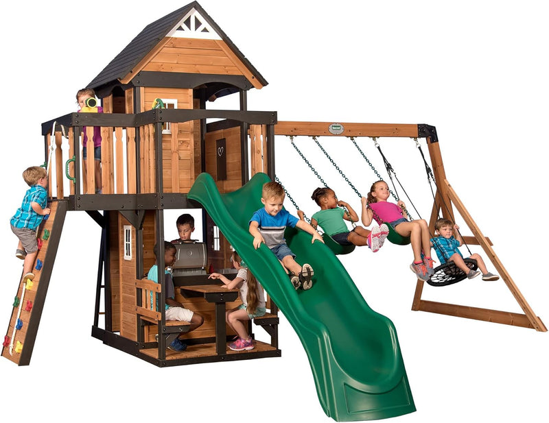 Gorge Creek Pure Pine Swing Set, Playhouse with Barbecue Grill, Plastic Utensils, Picnic Area, Steering Wheel, Double-Padded Swing, Rock Climbing Wall, Balcony, Terrace, Mesh Swing (Green Slide) U8