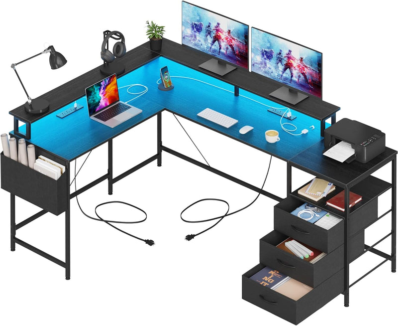 3 Drawers L Shaped Desk 63 Inch, 2 Power Strips (6 AC) and LED, Large Gaming Desk & 2 Monitor Stands, L Shape Computer Desk, Stable and Sturdy Home Office Desk, Fabric Drawers, Black O8