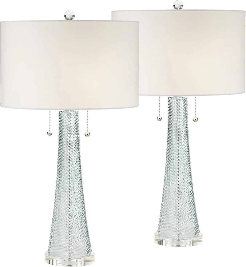 Modern desk lamp, 28.5 inches high, 2 sets. Features a sky-blue textured glass lampshade and a white cylindrical lampshade with a vortex pattern. Suitable for living room, bedroom, bedside table, night light, office, and home use. Z2