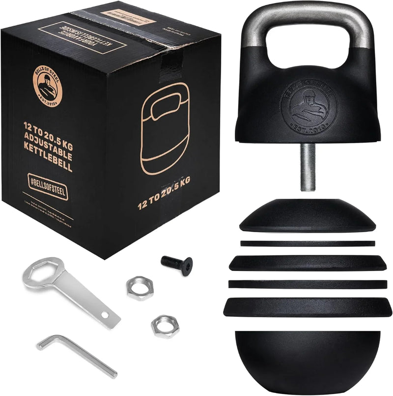 Adjustable Kettlebell Set [Bells of Steel] Kettle Bell Weight Set, Steel Shell, Internally-Loaded for Full Body Workouts, Competition Standard 35mm Handle, 12-20.5kg O1