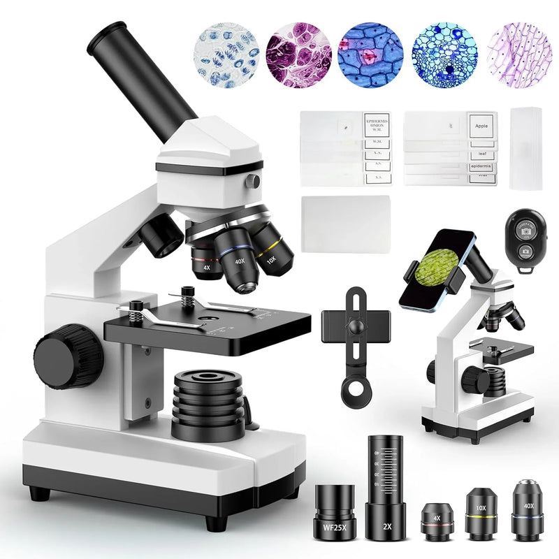 Compound Microscope for Adults & Kids - 100X-2000X High-Power Biological Microscope for Students, School Lab & Home Education, with Slides Set & Phone Adapter (White) S7