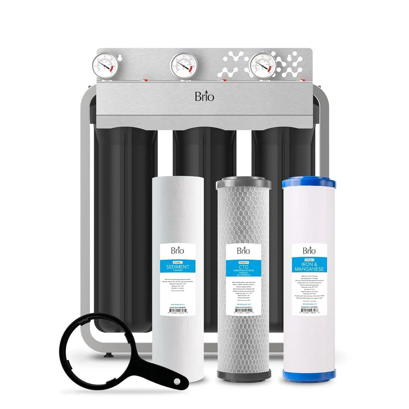 Whole-house filtration system, designed to remove iron and manganese, with a flow rate of 900 gallons per minute, dimensions of 4.5 inches x 20 inches, featuring a built-in sediment filter, activated carbon filter and iron/manganese filter, with a li B0