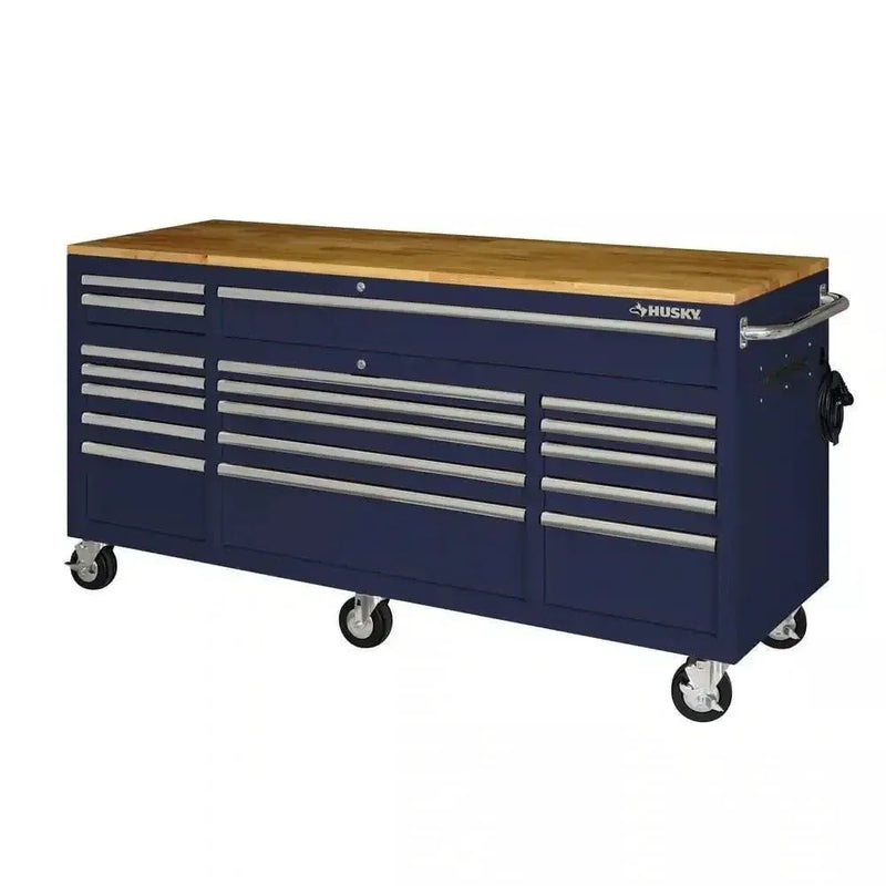 Husky 72 in. 18-Drawer Mobile Workbench with Solid Wood Top in Gloss Blue T5